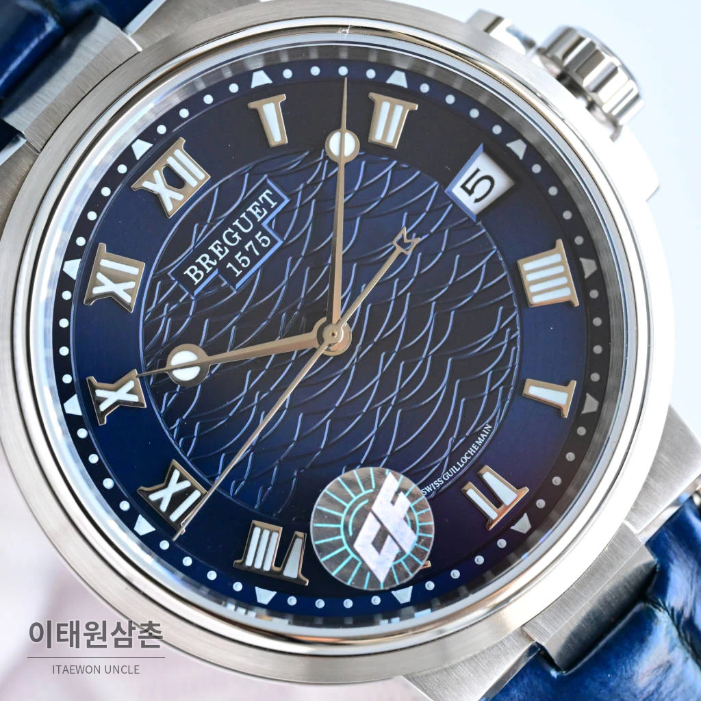 브레게 마린 선레이블루 다이얼 오토매틱 40mm 블루 가죽 스트랩