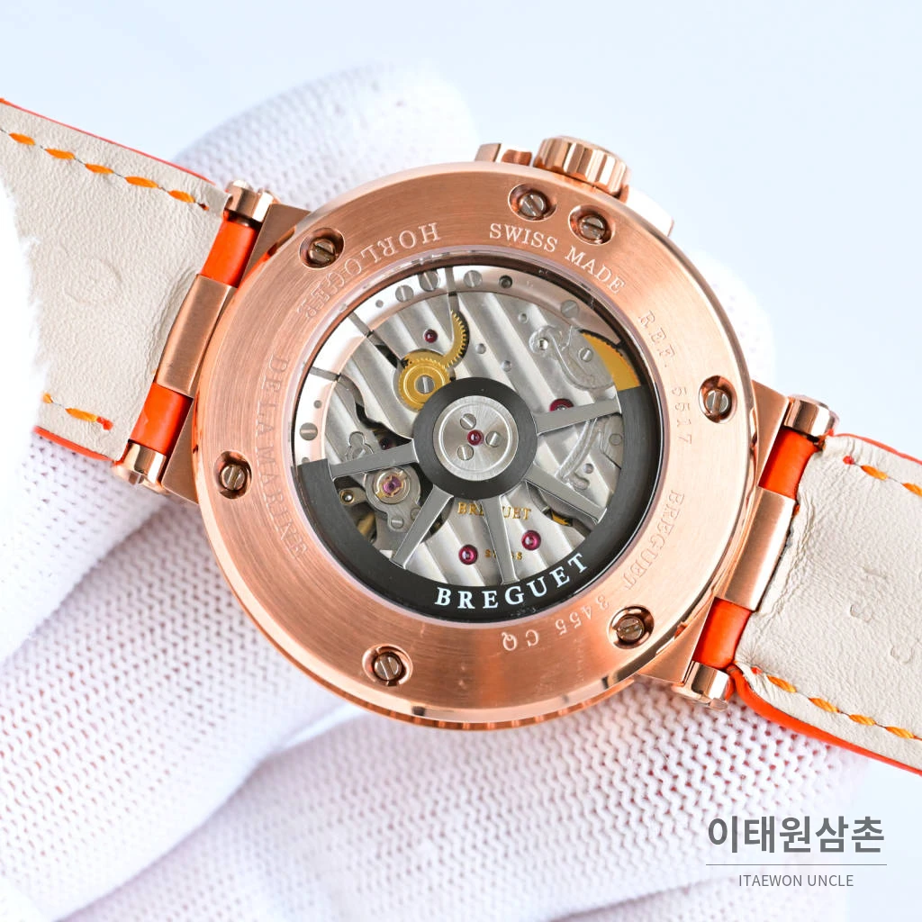 브레게 마린 선레이블루 다이얼 오토매틱 40mm 오렌지 가죽 스트랩 로즈골드 베젤