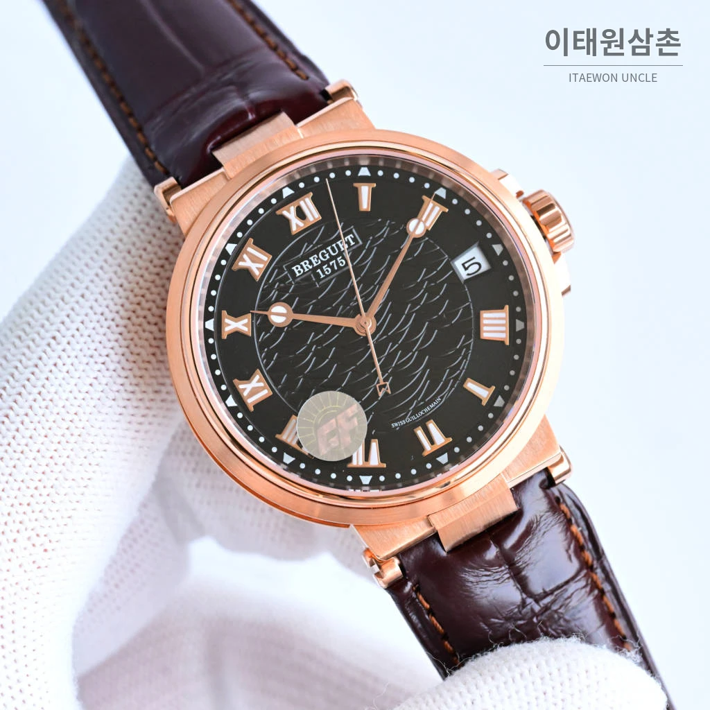 브레게 마린 선레이블루 다이얼 오토매틱 40mm 브라운 가죽 스트랩 로즈골드 베젤