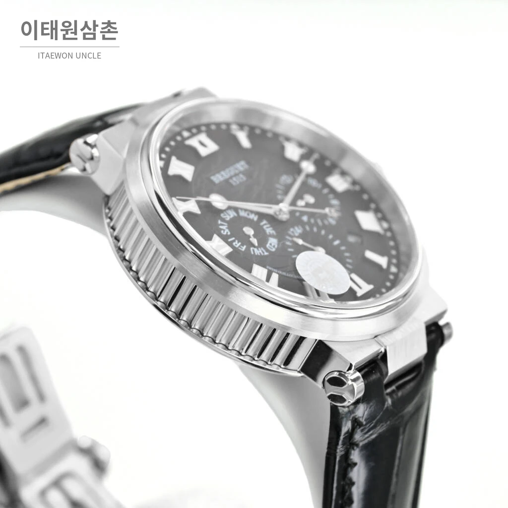 브레게 마린 선레이블루 다이얼 오토매틱 40mm 블랙 가죽 스트랩