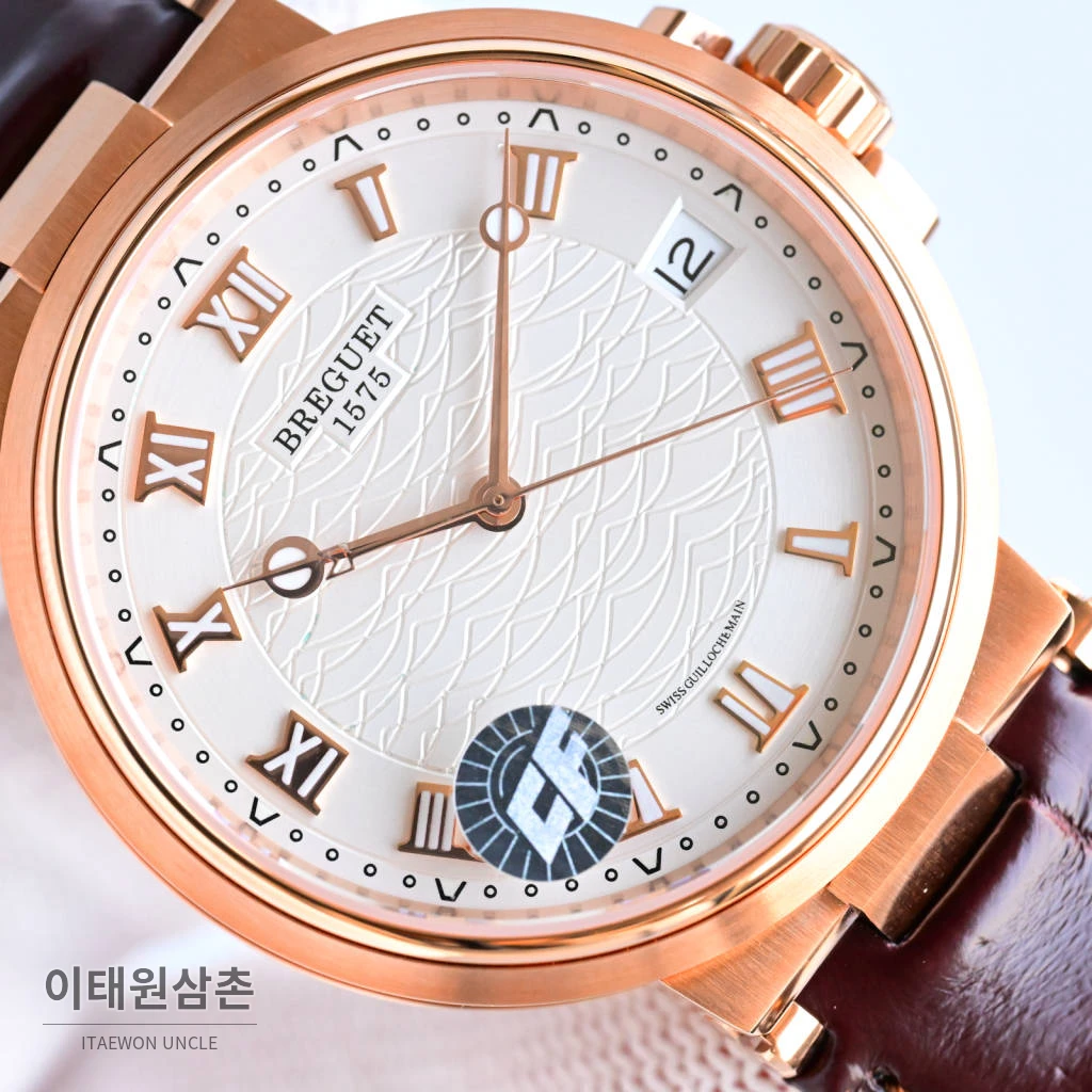 브레게 마린 선레이블루 다이얼 오토매틱 40mm 네이비 가죽 스트랩 로즈골드 케이스