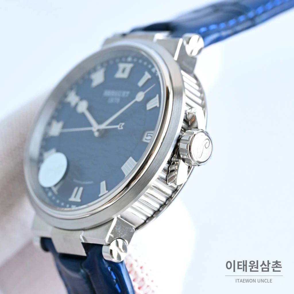 브레게 마린 선레이블루 다이얼 오토매틱 40mm 블루 가죽 스트랩