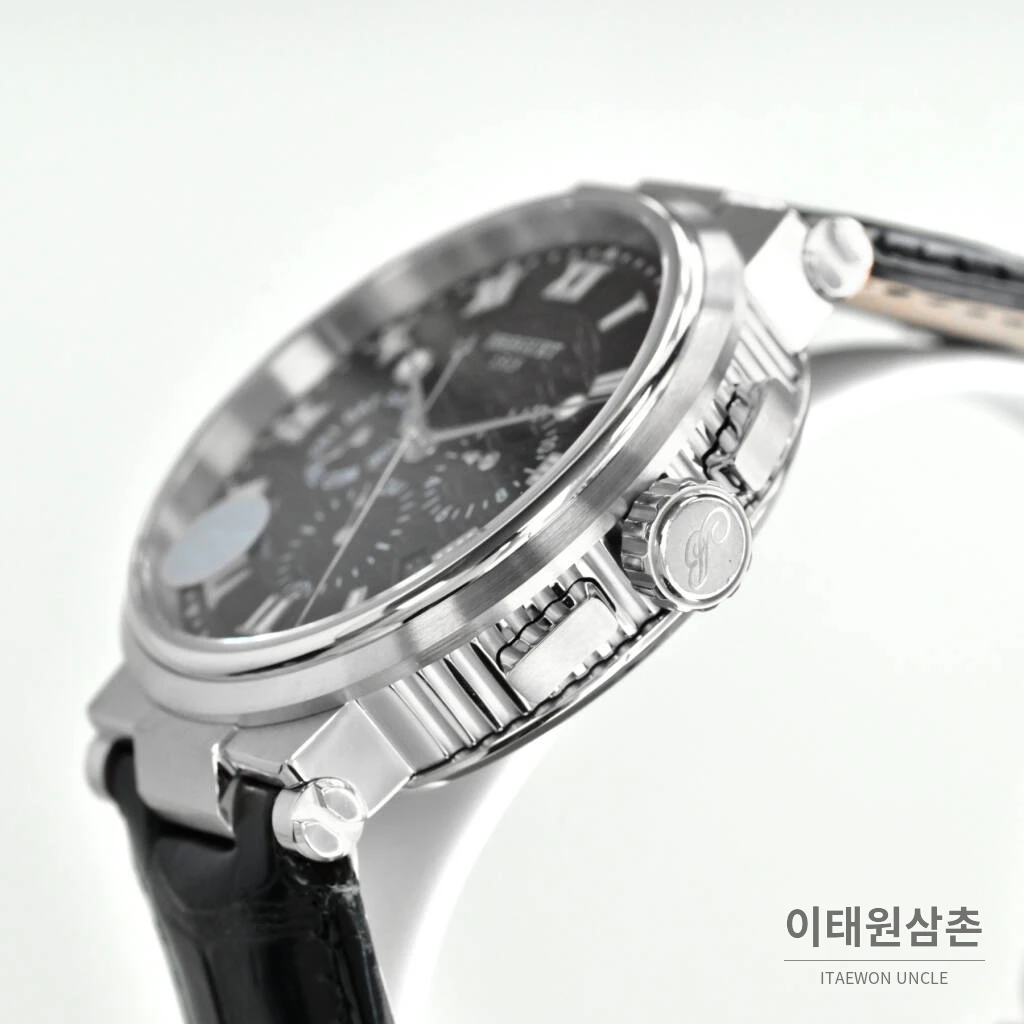 브레게 마린 선레이블루 다이얼 오토매틱 40mm 블랙 가죽 스트랩