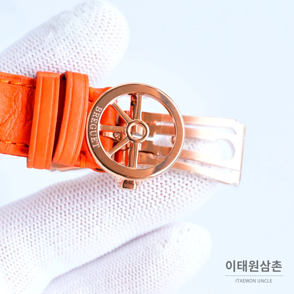 브레게 마린 선레이블루 다이얼 오토매틱 40mm 오렌지 가죽 스트랩 로즈골드 베젤
