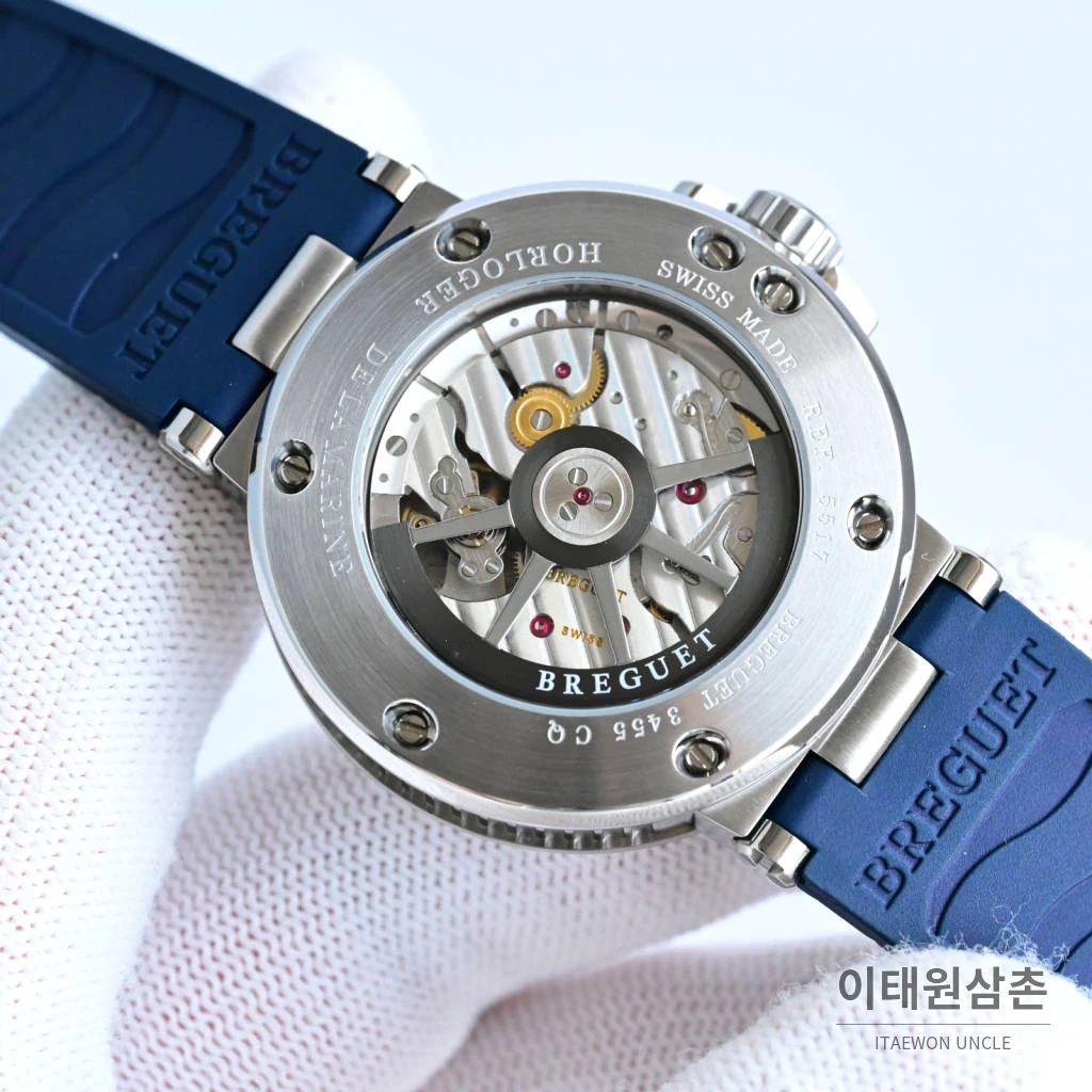 브레게 마린 선레이블루 다이얼 오토매틱 40mm 블랙 러버 스트랩 실버 베젤