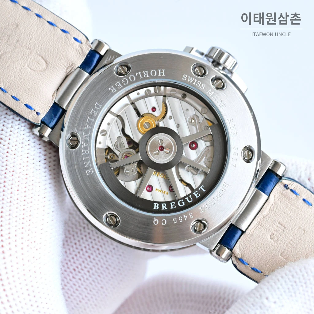 브레게 마린 선레이블루 다이얼 오토매틱 40mm 블루 가죽 스트랩
