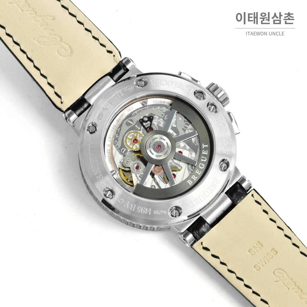 브레게 마린 선레이블루 다이얼 오토매틱 40mm 블랙 가죽 스트랩