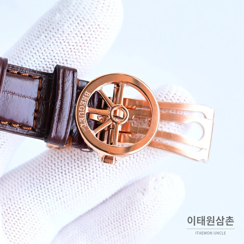 브레게 마린 선레이블루 다이얼 오토매틱 40mm 브라운 가죽 스트랩 로즈골드 베젤