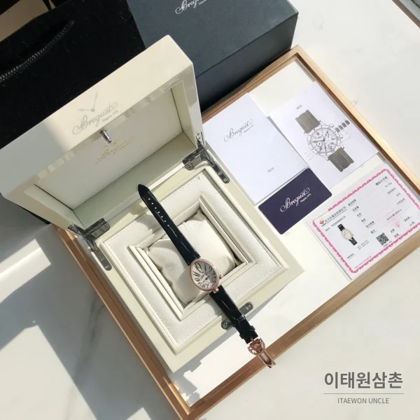 브레게 레인드네이플 18K 로즈골드 다이아몬드 오토매틱 33mm 화이트 다이얼 블랙 가죽 스트랩 로즈골드 베젤