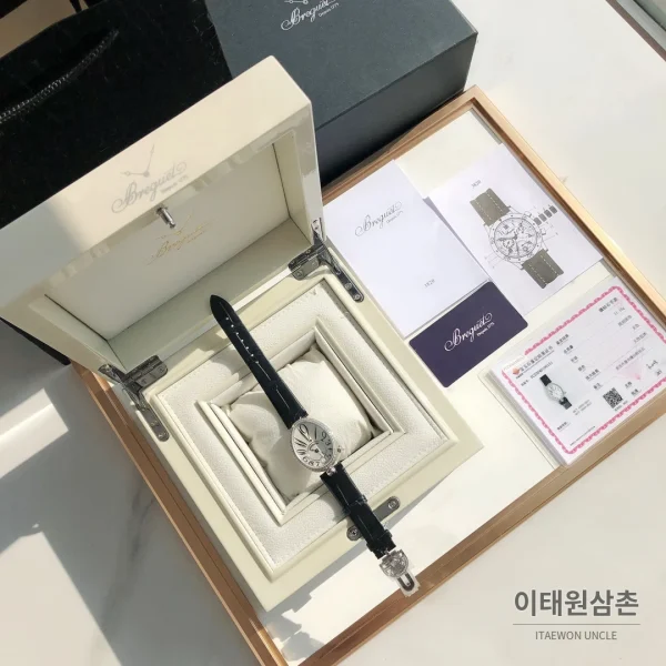 브레게 레인드네이플 18K 로즈골드 다이아몬드 오토매틱 33mm 화이트 다이얼 블랙 가죽 스트랩 실버 베젤