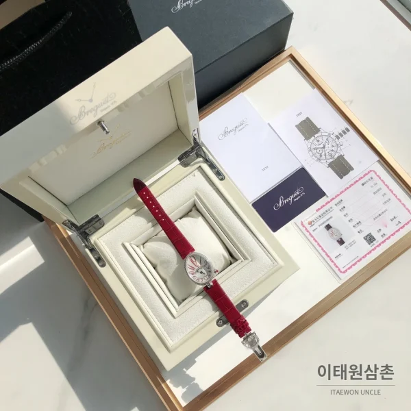 브레게 레인드네이플 18K 로즈골드 다이아몬드 오토매틱 33mm 화이트 다이얼 버건디 가죽 스트랩 실버 베젤