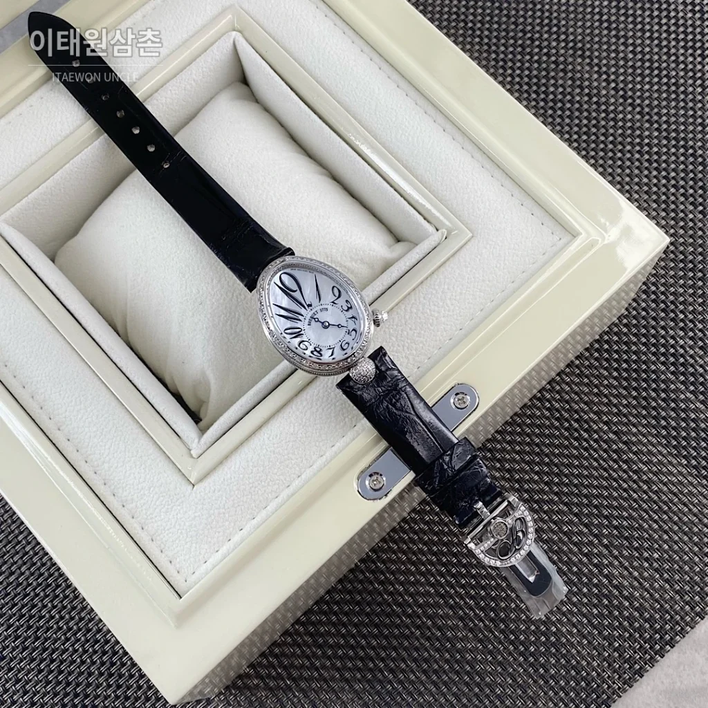브레게 레인드네이플 18K 로즈골드 다이아몬드 오토매틱 33mm 자개 다이얼 블랙 가죽 스트랩 실버 베젤