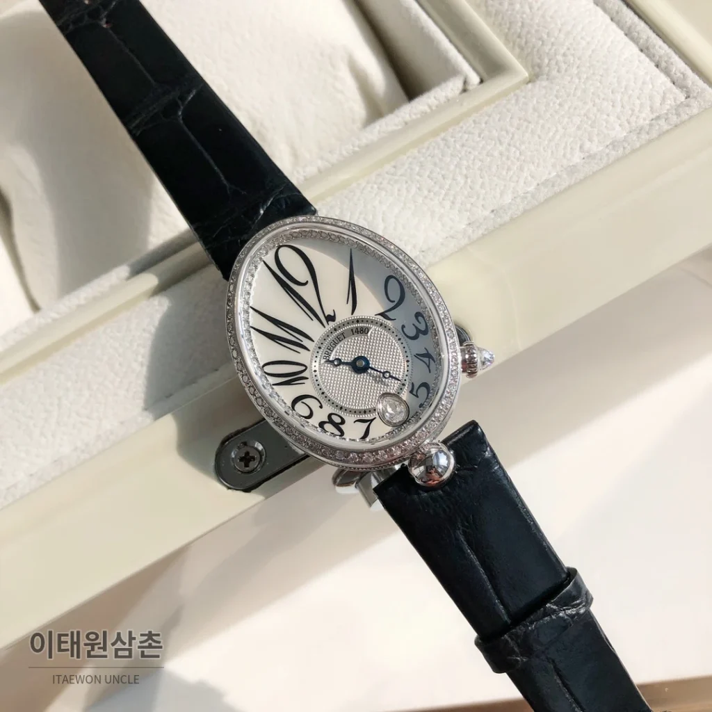 브레게 레인드네이플 18K 로즈골드 다이아몬드 오토매틱 33mm 화이트 다이얼 블랙 가죽 스트랩 실버 베젤