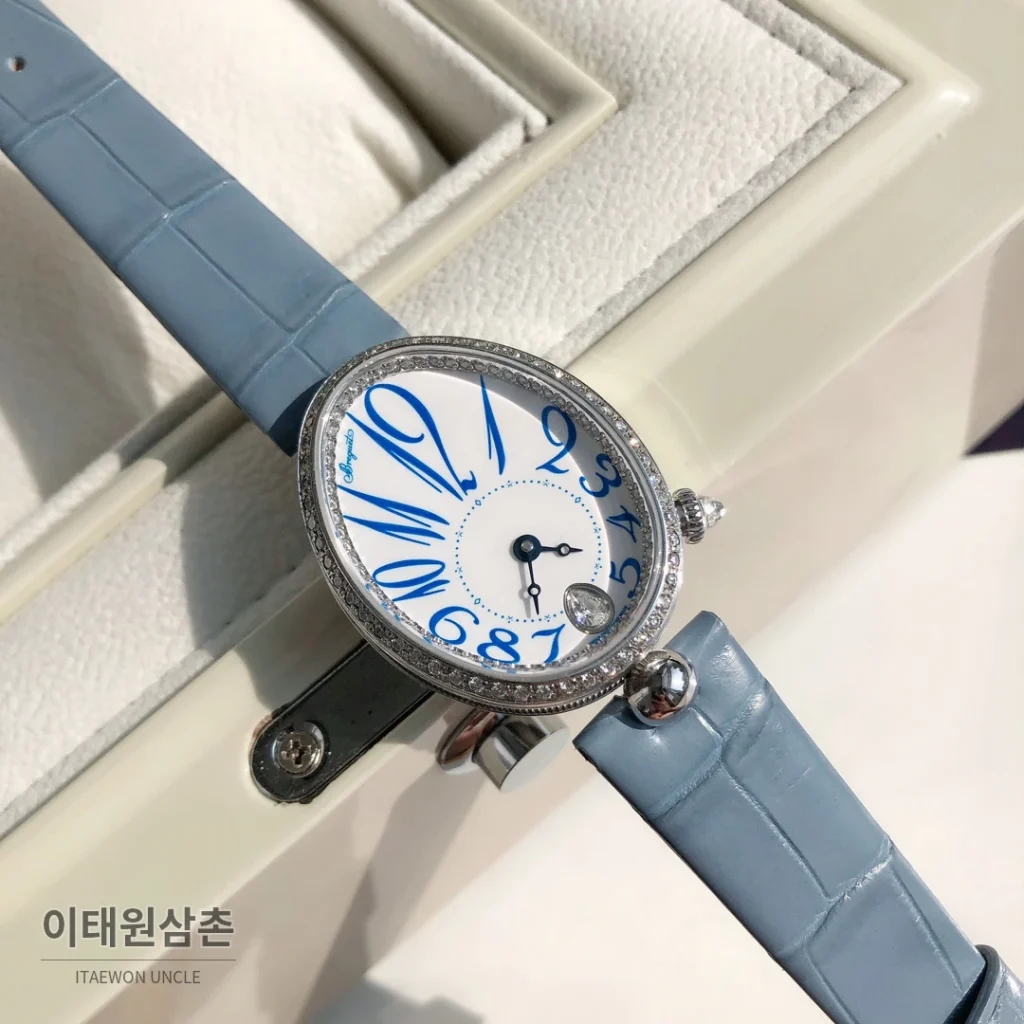 브레게 레인드네이플 18K 로즈골드 다이아몬드 오토매틱 33mm 화이트 다이얼 아이스블루 가죽 스트랩 실버 베젤