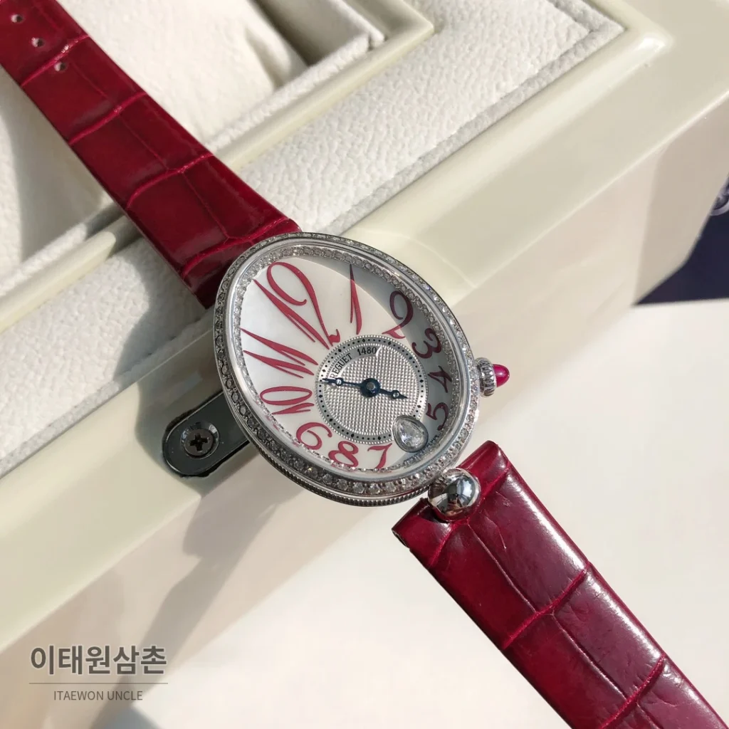 브레게 레인드네이플 18K 로즈골드 다이아몬드 오토매틱 33mm 화이트 다이얼 버건디 가죽 스트랩 실버 베젤