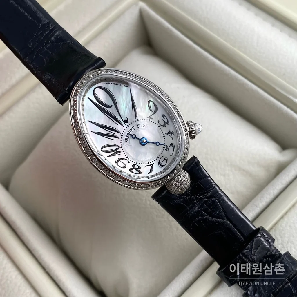 브레게 레인드네이플 18K 로즈골드 다이아몬드 오토매틱 33mm 자개 다이얼 블랙 가죽 스트랩 실버 베젤