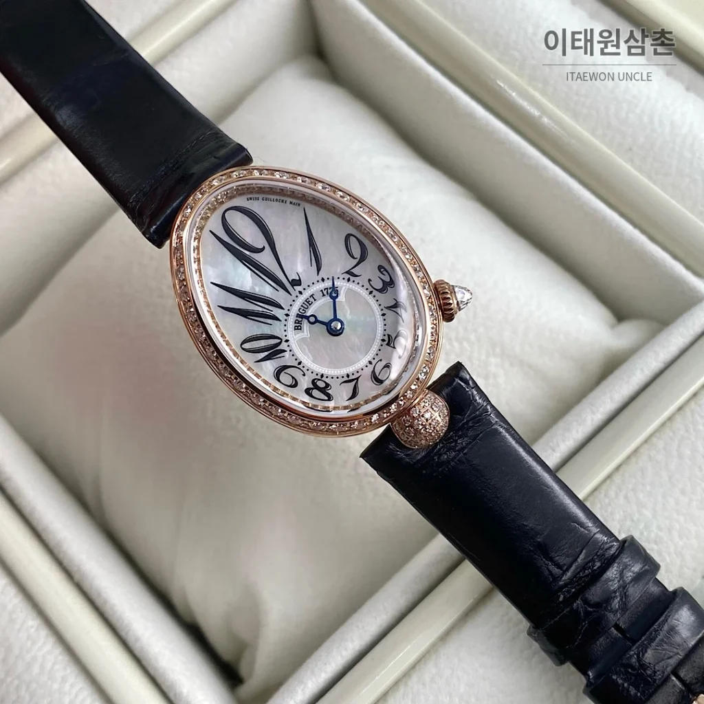 브레게 레인드네이플 18K 로즈골드 다이아몬드 오토매틱 33mm 자개 다이얼 블랙 가죽 스트랩 로즈골드 베젤