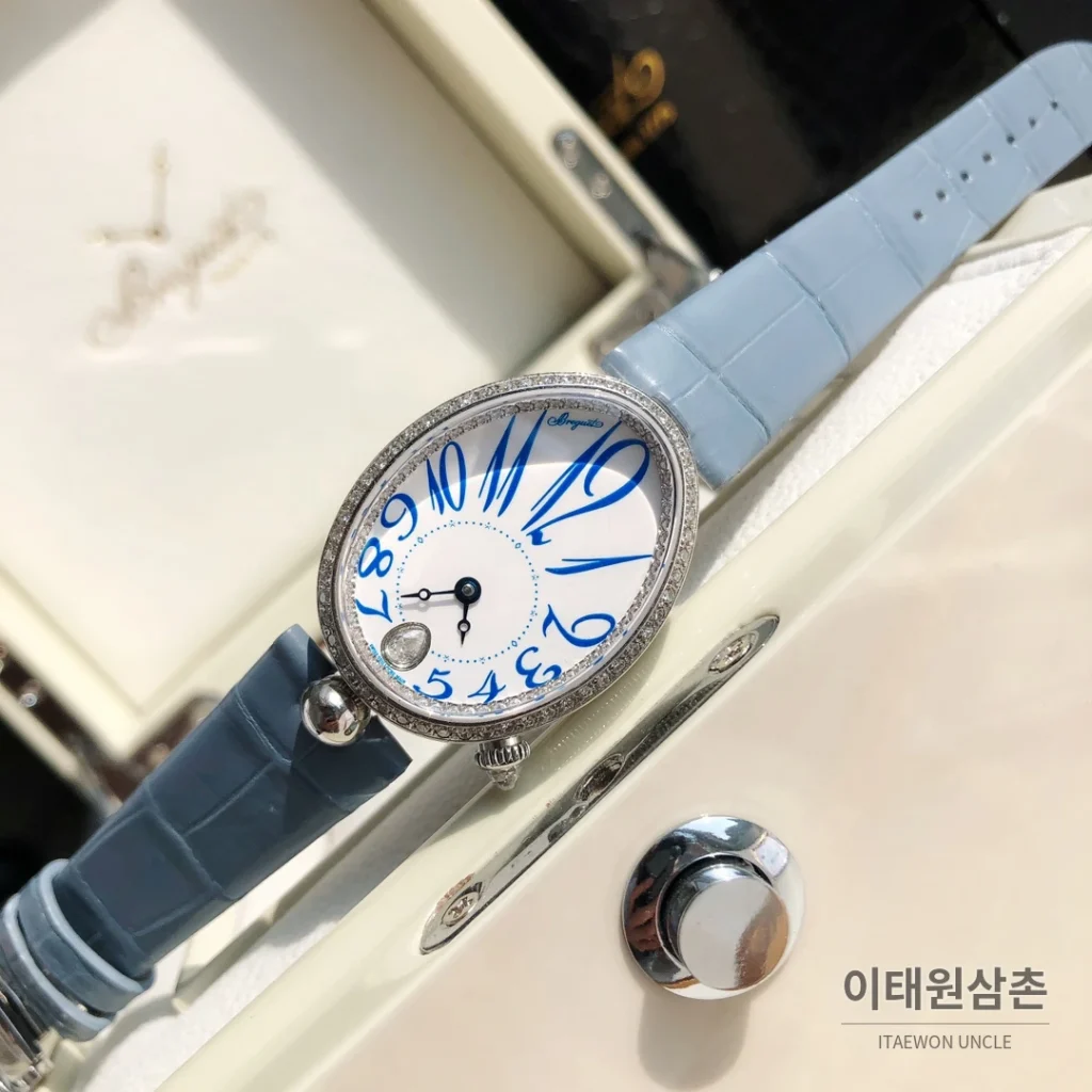 브레게 레인드네이플 18K 로즈골드 다이아몬드 오토매틱 33mm 화이트 다이얼 아이스블루 가죽 스트랩 실버 베젤