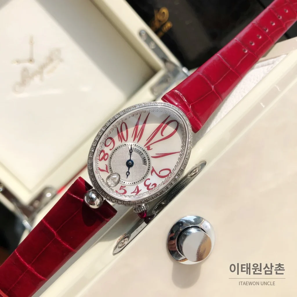 브레게 레인드네이플 18K 로즈골드 다이아몬드 오토매틱 33mm 화이트 다이얼 버건디 가죽 스트랩 실버 베젤