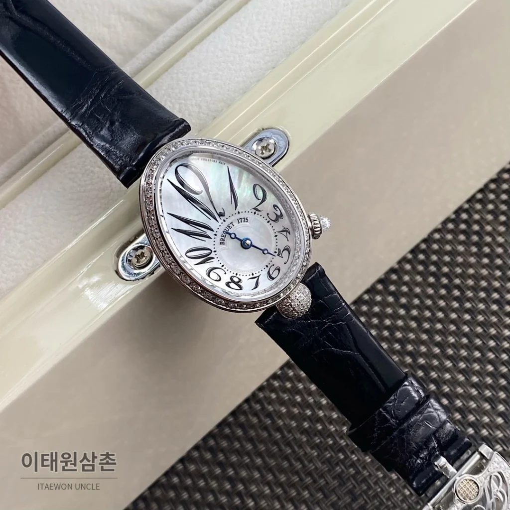 브레게 레인드네이플 18K 로즈골드 다이아몬드 오토매틱 33mm 자개 다이얼 블랙 가죽 스트랩 실버 베젤