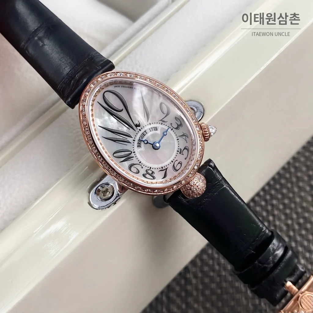 브레게 레인드네이플 18K 로즈골드 다이아몬드 오토매틱 33mm 자개 다이얼 블랙 가죽 스트랩 로즈골드 베젤