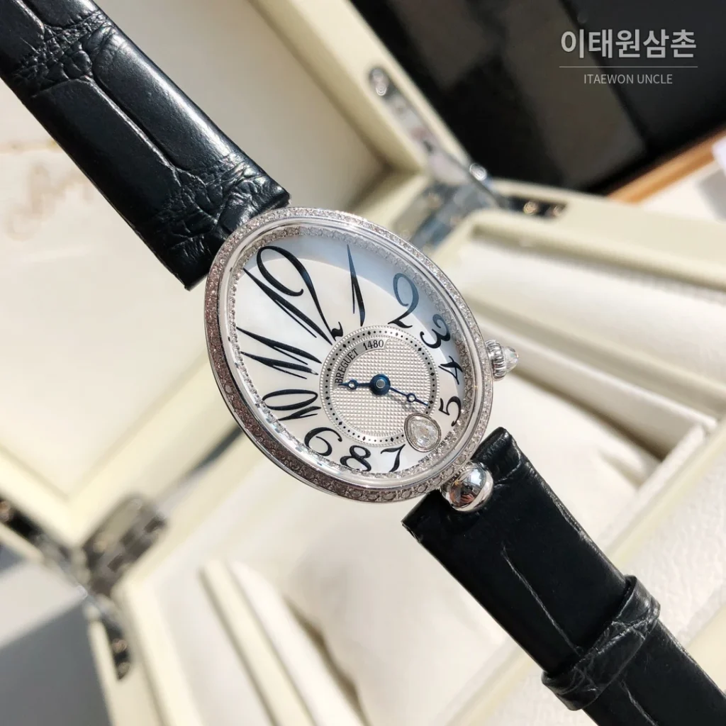 브레게 레인드네이플 18K 로즈골드 다이아몬드 오토매틱 33mm 화이트 다이얼 블랙 가죽 스트랩 실버 베젤