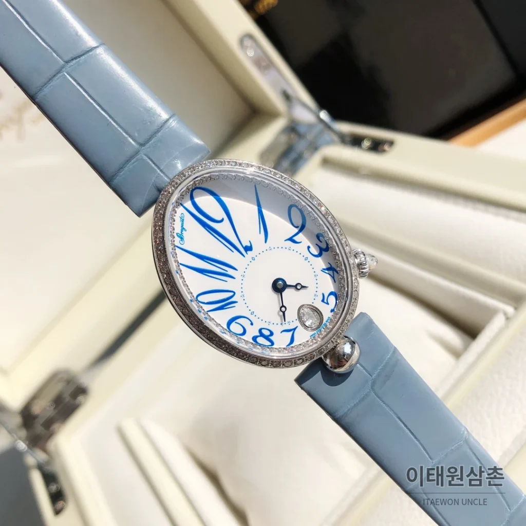 브레게 레인드네이플 18K 로즈골드 다이아몬드 오토매틱 33mm 화이트 다이얼 아이스블루 가죽 스트랩 실버 베젤