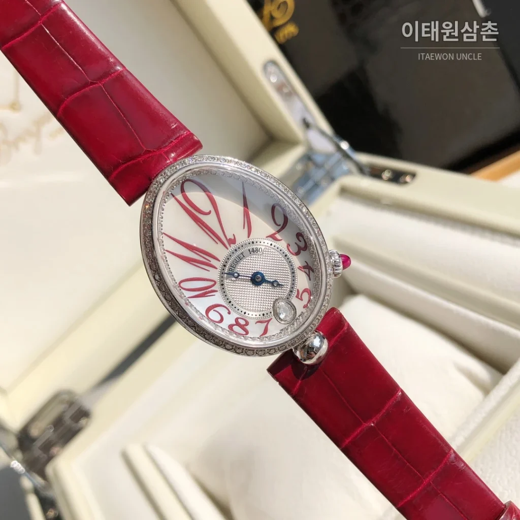 브레게 레인드네이플 18K 로즈골드 다이아몬드 오토매틱 33mm 화이트 다이얼 버건디 가죽 스트랩 실버 베젤