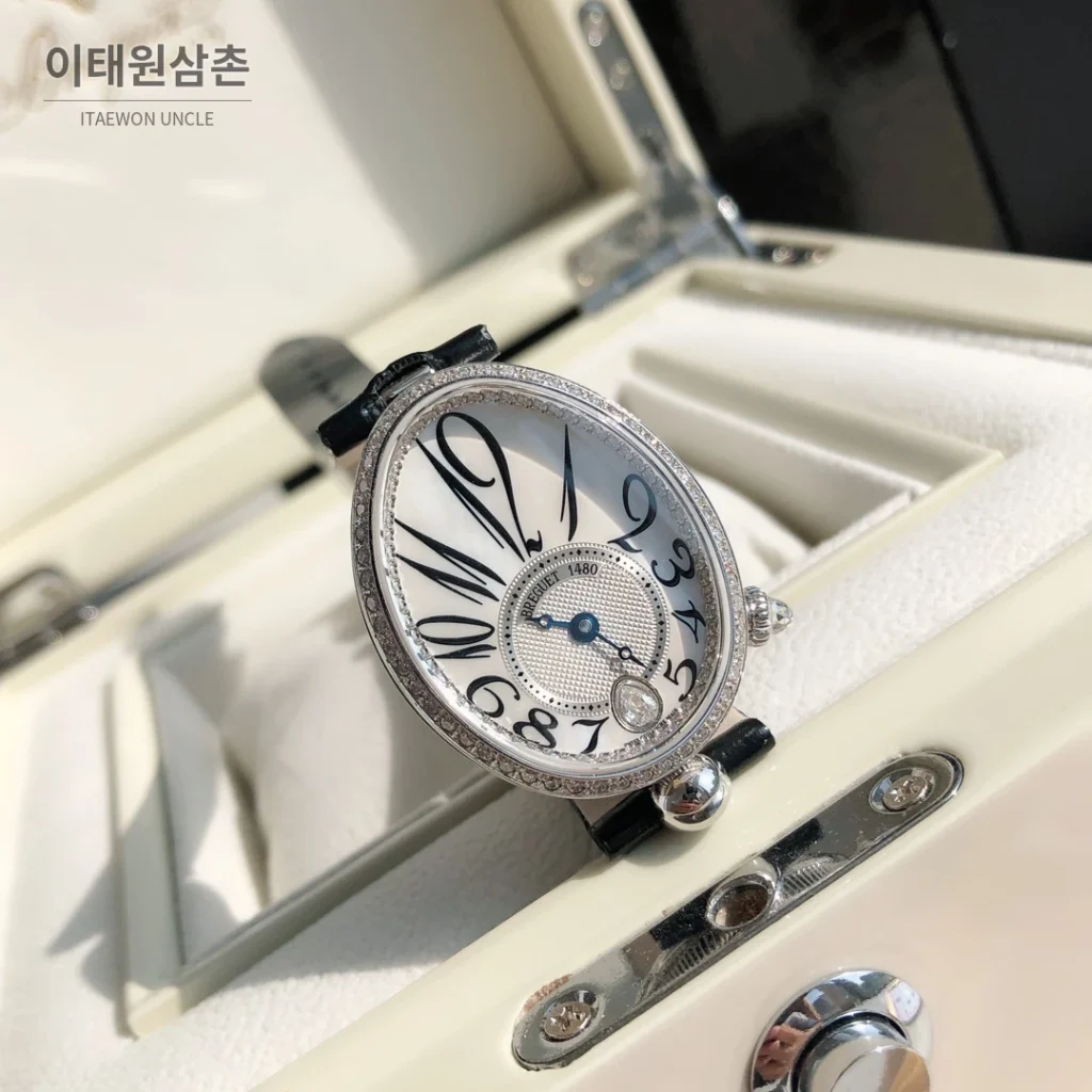 브레게 레인드네이플 18K 로즈골드 다이아몬드 오토매틱 33mm 화이트 다이얼 블랙 가죽 스트랩 실버 베젤