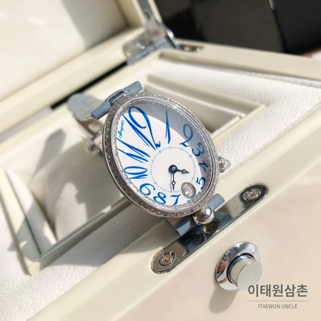 브레게 레인드네이플 18K 로즈골드 다이아몬드 오토매틱 33mm 화이트 다이얼 아이스블루 가죽 스트랩 실버 베젤
