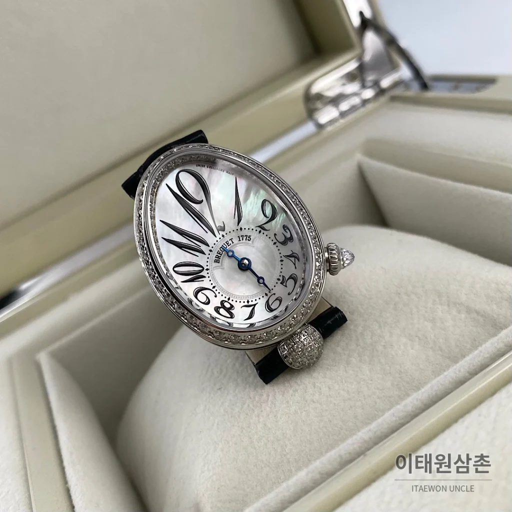 브레게 레인드네이플 18K 로즈골드 다이아몬드 오토매틱 33mm 자개 다이얼 블랙 가죽 스트랩 실버 베젤