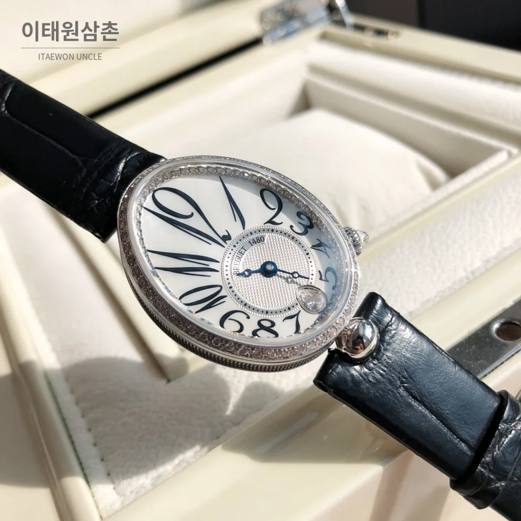 브레게 레인드네이플 18K 로즈골드 다이아몬드 오토매틱 33mm 화이트 다이얼 블랙 가죽 스트랩 실버 베젤