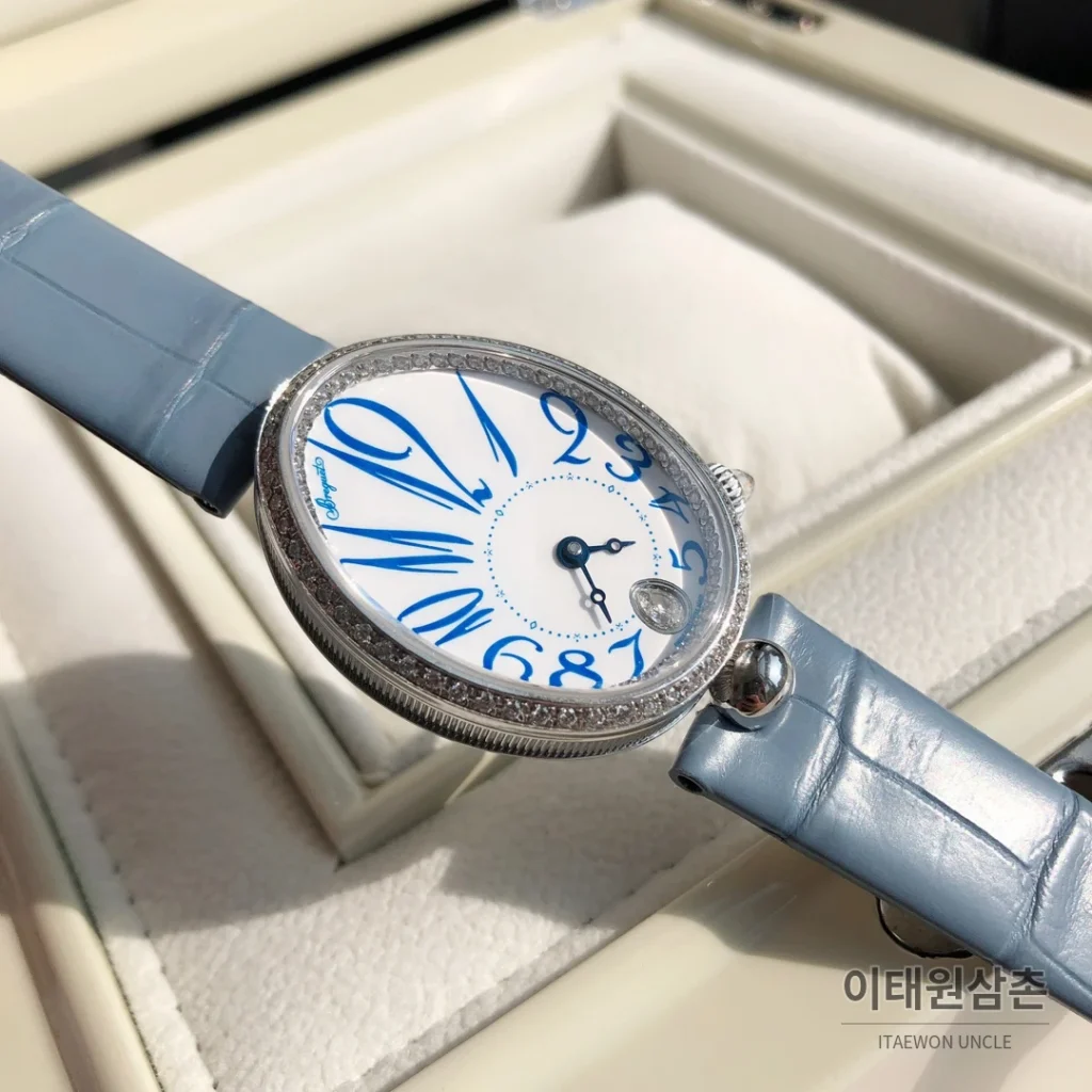 브레게 레인드네이플 18K 로즈골드 다이아몬드 오토매틱 33mm 화이트 다이얼 아이스블루 가죽 스트랩 실버 베젤