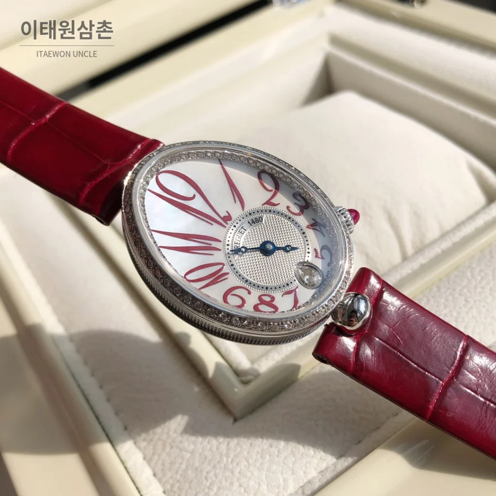 브레게 레인드네이플 18K 로즈골드 다이아몬드 오토매틱 33mm 화이트 다이얼 버건디 가죽 스트랩 실버 베젤