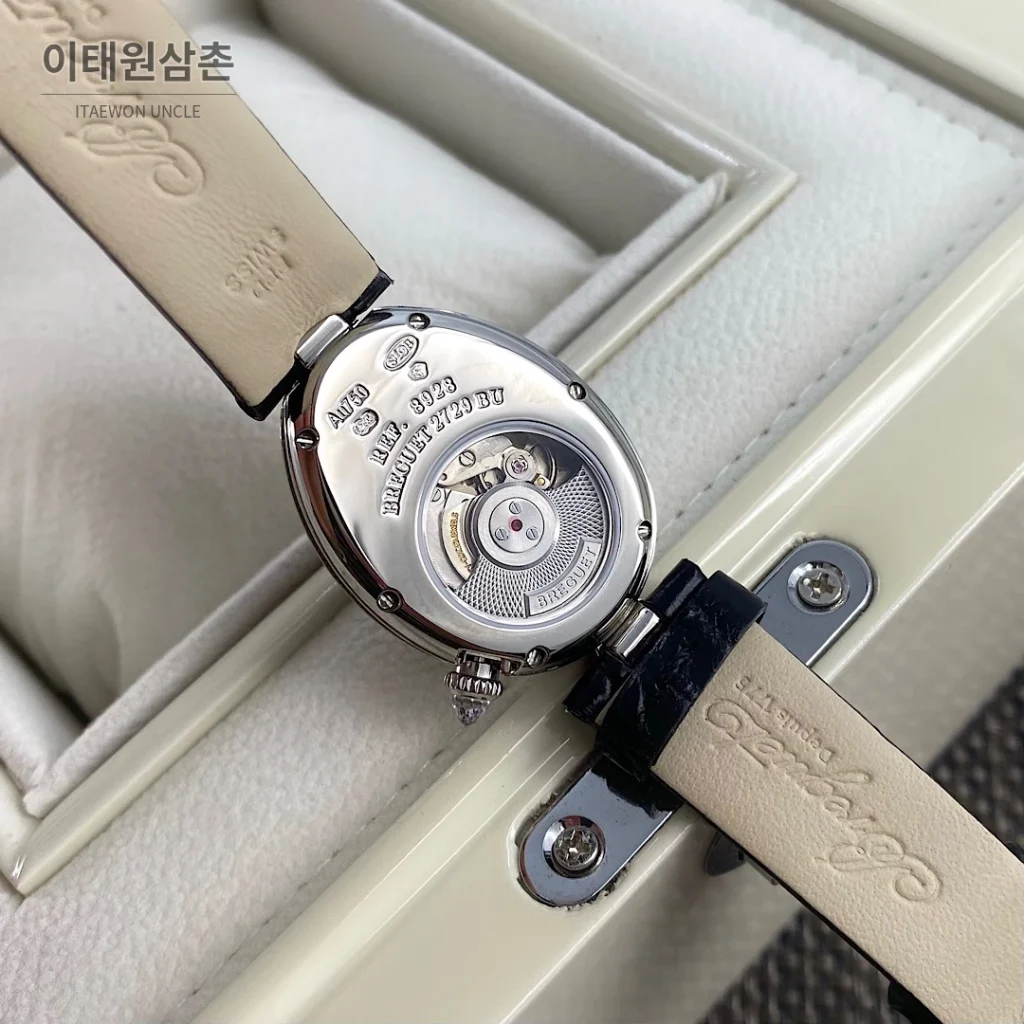 브레게 레인드네이플 18K 로즈골드 다이아몬드 오토매틱 33mm 자개 다이얼 블랙 가죽 스트랩 실버 베젤