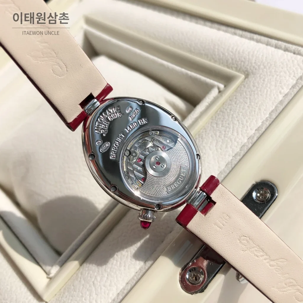 브레게 레인드네이플 18K 로즈골드 다이아몬드 오토매틱 33mm 화이트 다이얼 버건디 가죽 스트랩 실버 베젤
