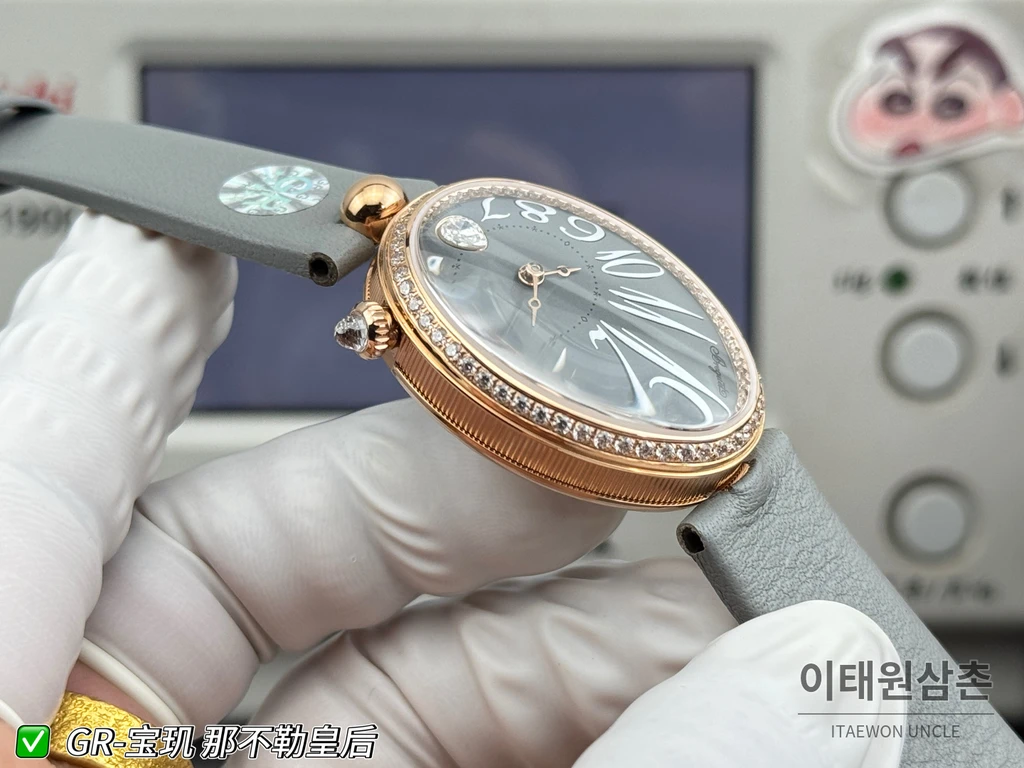 브레게 레인 드 네이플 로즈골드톤 크리스탈 베젤 차콜 그레이 다이얼 시계 36mm