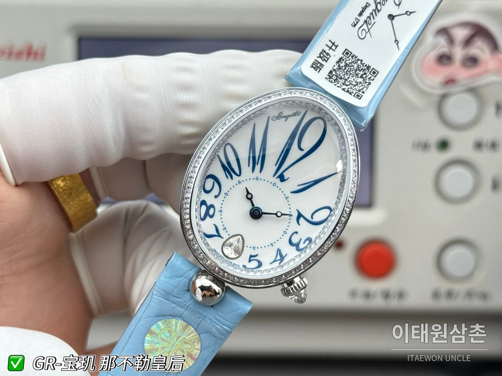브레게 레인 드 네이플 실버 크리스탈 베젤 화이트 다이얼 스카이 블루 스트랩 시계 36mm