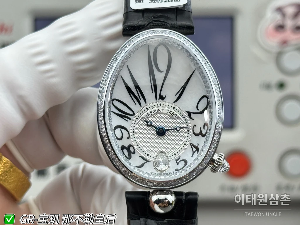 브레게 레인 드 네이플 실버 크리스탈 베젤 화이트 다이얼 블랙 스트랩 시계 36mm