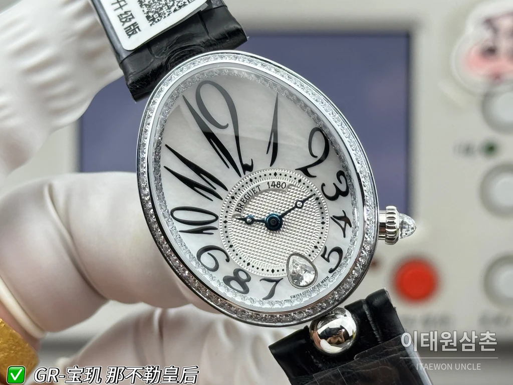 브레게 레인 드 네이플 실버 크리스탈 베젤 화이트 다이얼 블랙 스트랩 시계 36mm