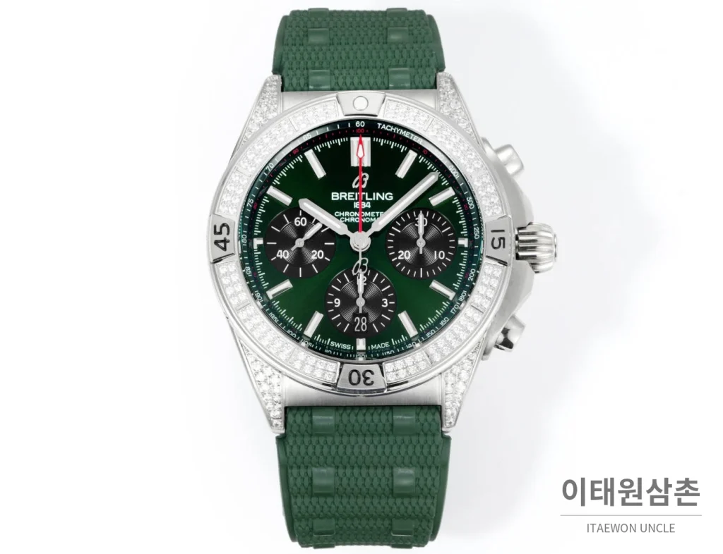 브라이틀링 크로노맷 B01 다이아몬드베젤 크로노그래프 오토매틱 42mm 그린 다이얼