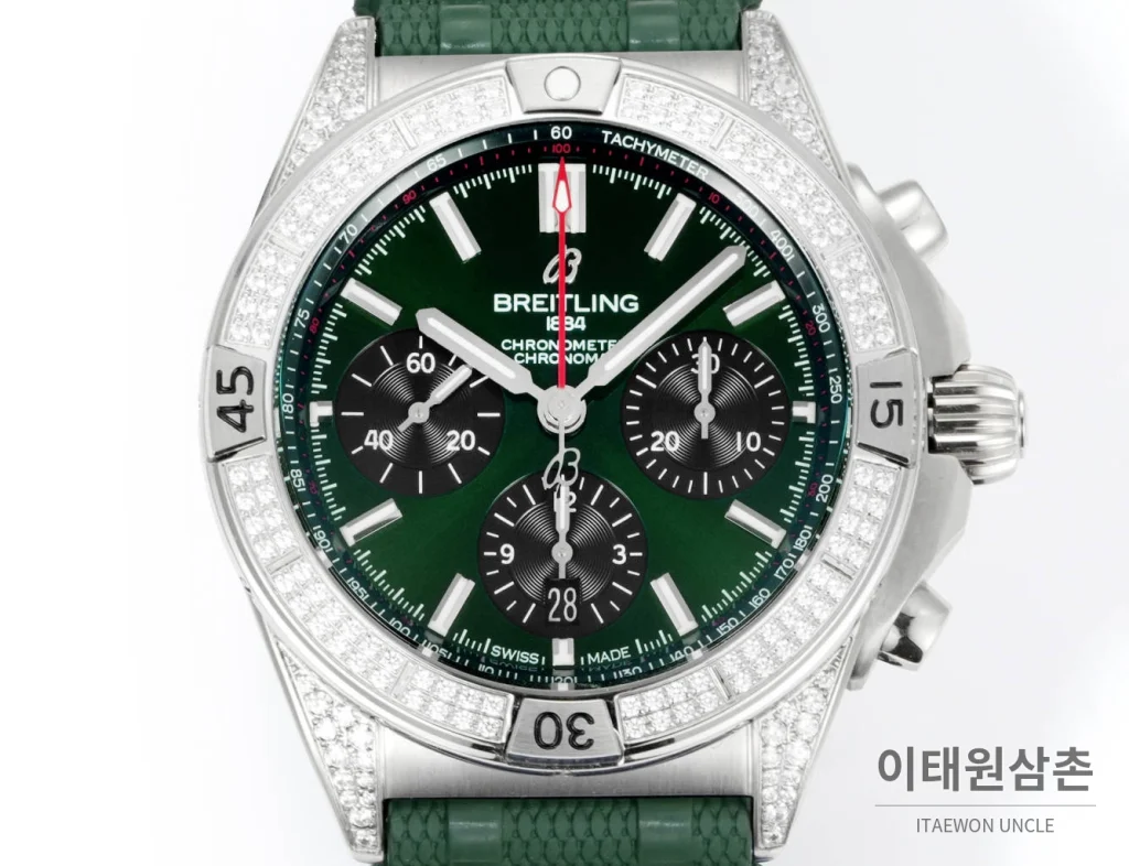 브라이틀링 크로노맷 B01 다이아몬드베젤 크로노그래프 오토매틱 42mm 그린 다이얼