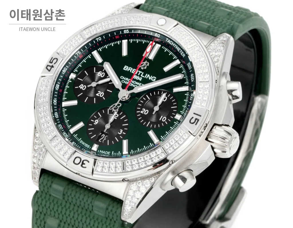 브라이틀링 크로노맷 B01 다이아몬드베젤 크로노그래프 오토매틱 42mm 그린 다이얼