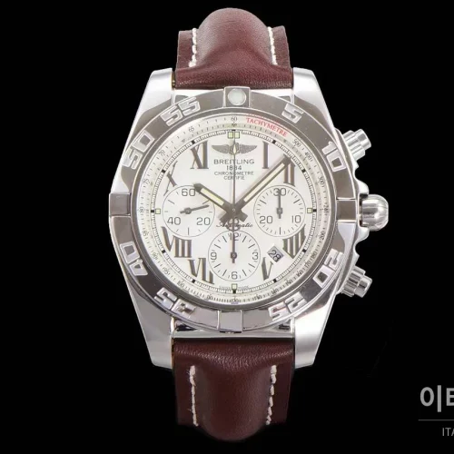 브라이틀링 크로노맷 스틸 블랙다이얼 크로노그래프 오토매틱 44mm 브라운 가죽 스트랩 실버 베젤