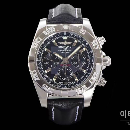 브라이틀링 크로노맷 스틸 블랙다이얼 크로노그래프 오토매틱 44mm 블랙 가죽 스트랩 실버 베젤