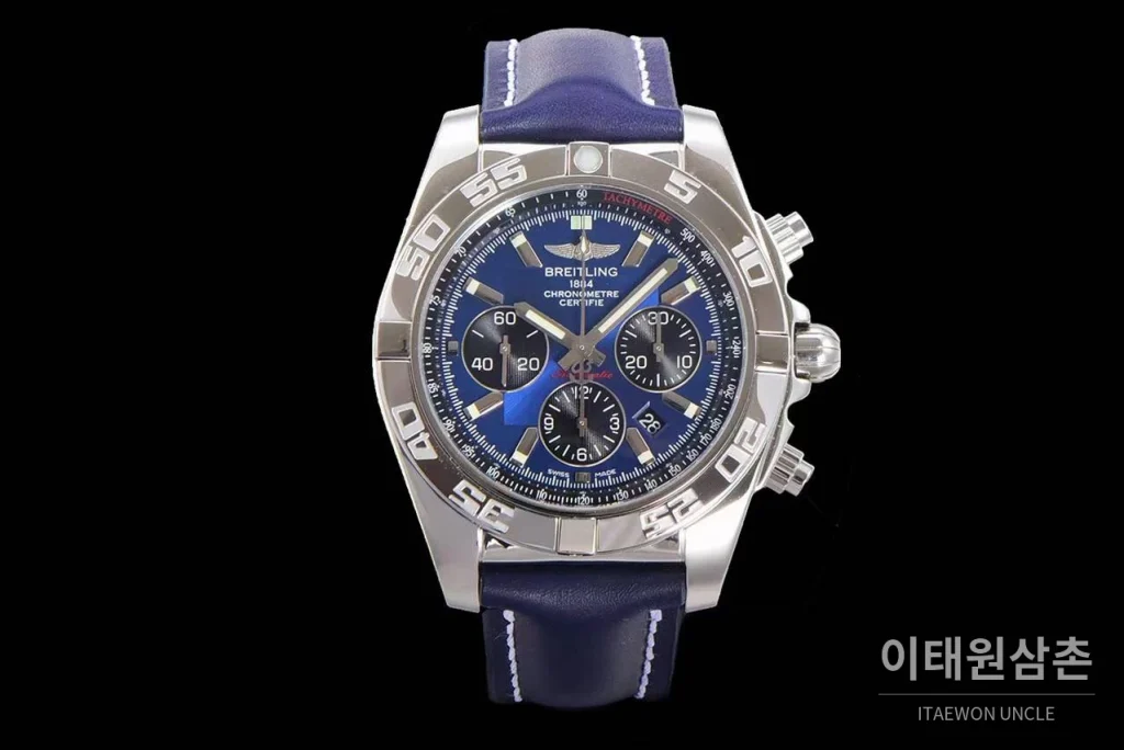 브라이틀링 크로노맷 스틸 블랙다이얼 크로노그래프 오토매틱 44mm 네이비 가죽 스트랩 실버 베젤