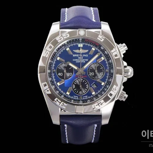 브라이틀링 크로노맷 스틸 블랙다이얼 크로노그래프 오토매틱 44mm 네이비 가죽 스트랩 실버 베젤