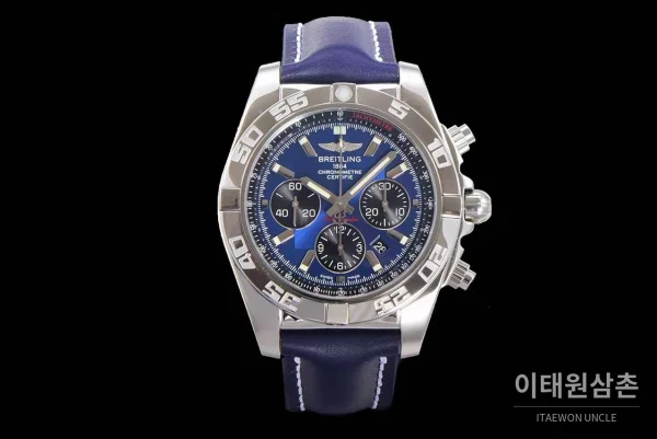 브라이틀링 크로노맷 스틸 블랙다이얼 크로노그래프 오토매틱 44mm 네이비 가죽 스트랩 실버 베젤