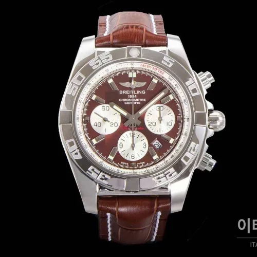 브라이틀링 크로노맷 스틸 블랙다이얼 크로노그래프 오토매틱 44mm 브라운 가죽 스트랩 실버 베젤 (2)