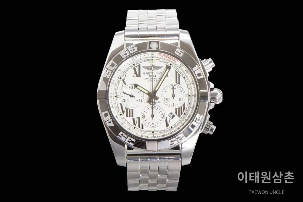 브라이틀링 크로노맷 스틸 블랙다이얼 크로노그래프 오토매틱 44mm 스틸 브레이슬릿 실버 베젤